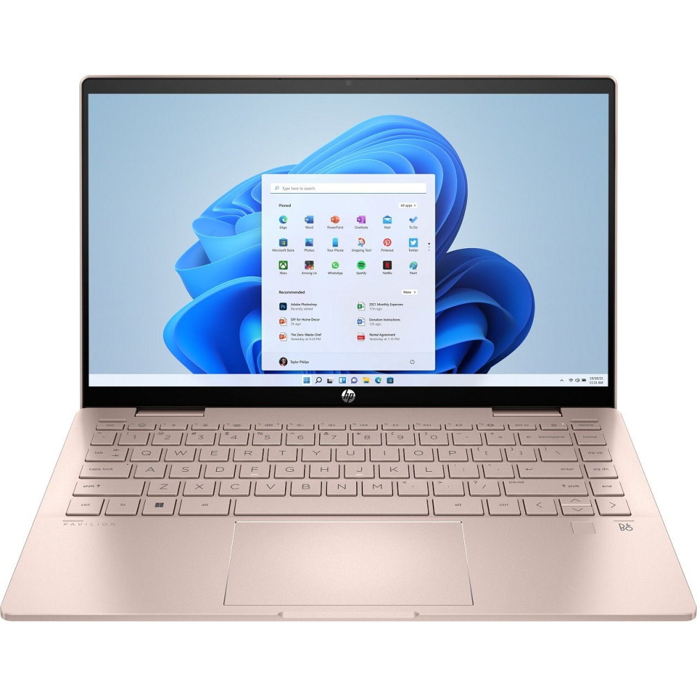 Różowo-złoty laptop HP Pavilion z podświetlaną klawiaturą i otwartym ekranem.