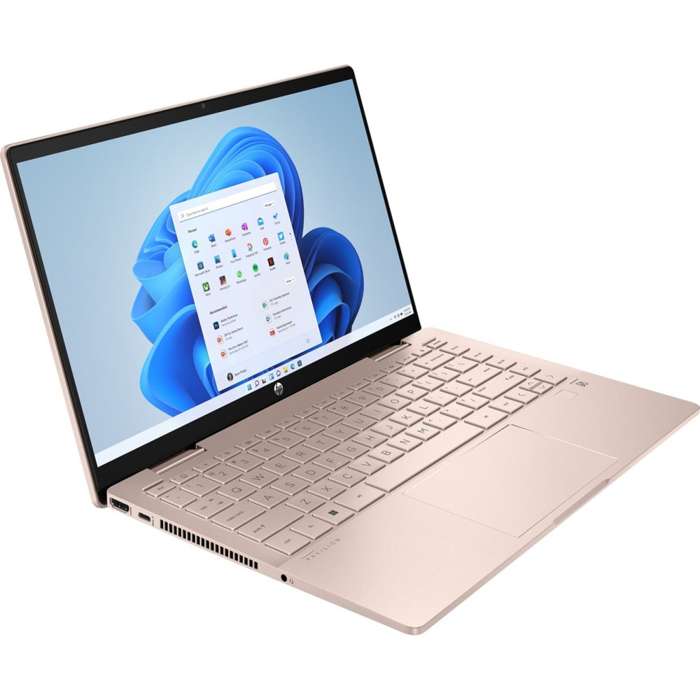 Różowo-złoty laptop HP z otwartym ekranem, wyświetlający menu Start systemu Windows 11.