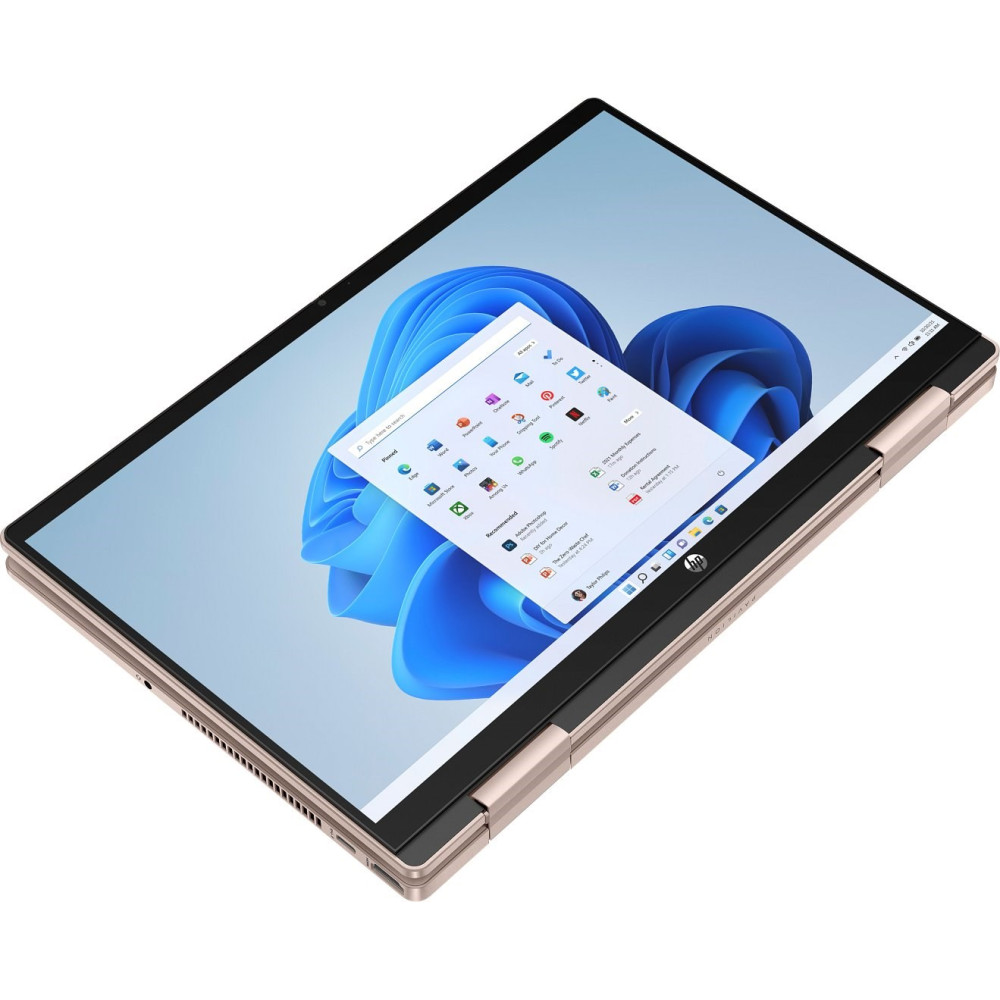 Otwarty laptop z systemem Windows 11 i niebieską grafiką tła.