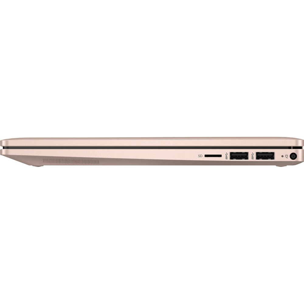 Złoty laptop widok z boku z portami: czytnik kart SD, dwa porty USB i gniazdo zasilania.