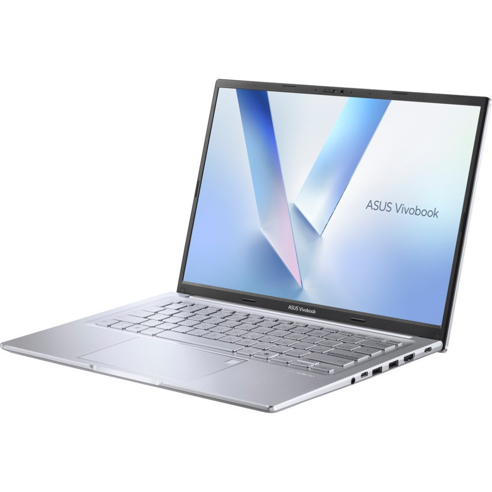 Otwarty srebrny laptop ASUS Vivobook z abstrakcyjnym niebiesko-różowym tłem na ekranie.