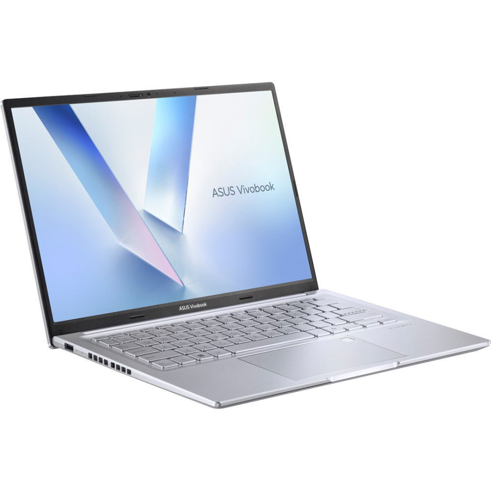 Srebrny laptop Asus Vivobook z otwartym ekranem na białym tle.