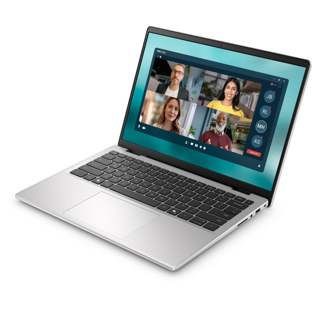 Laptop wyświetla rozmowę wideo z czterema osobami. Srebrna obudowa.