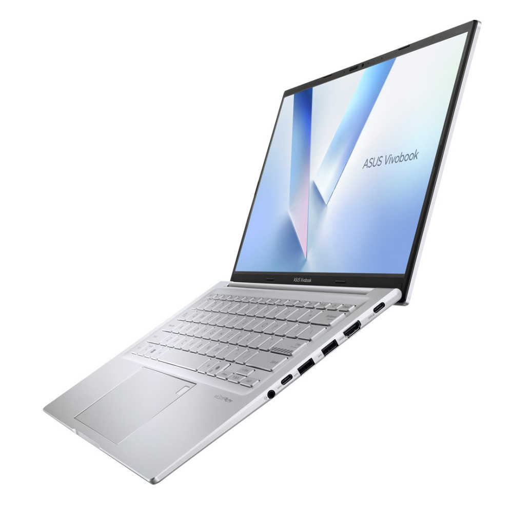 Srebrny laptop ASUS Vivobook z podświetlaną klawiaturą i portami.
