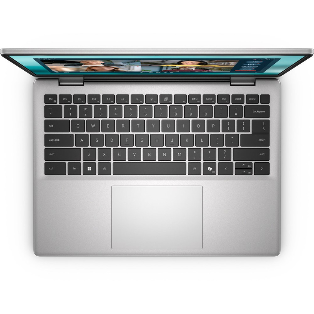 Widok z góry otwartego srebrnego laptopa z ekranem pokazującym ludzi i klawiaturą.
