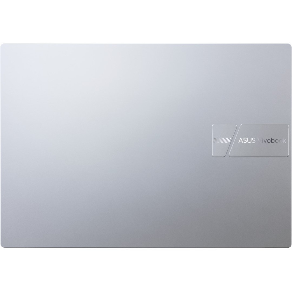 Srebrny laptop z logo ASUS Vivobook na odwrocie.