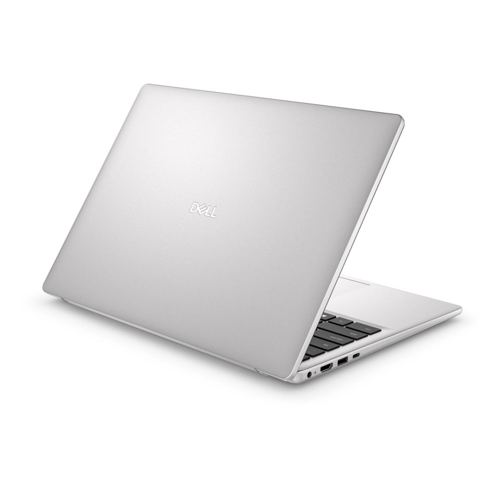 Srebrny laptop Dell z klawiaturą i portami widoczny na białym tle.