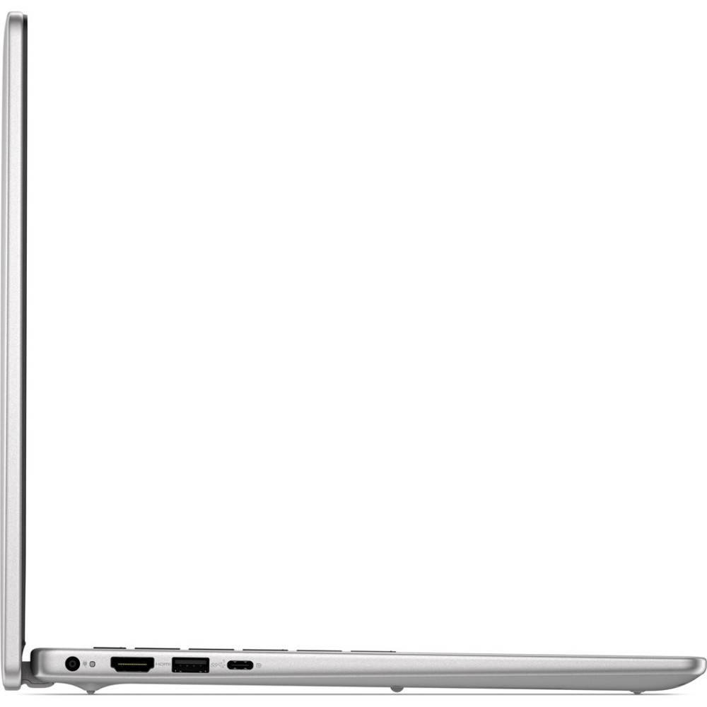 Profil boczny zamkniętego srebrnego laptopa, pokazujący porty na krawędzi.