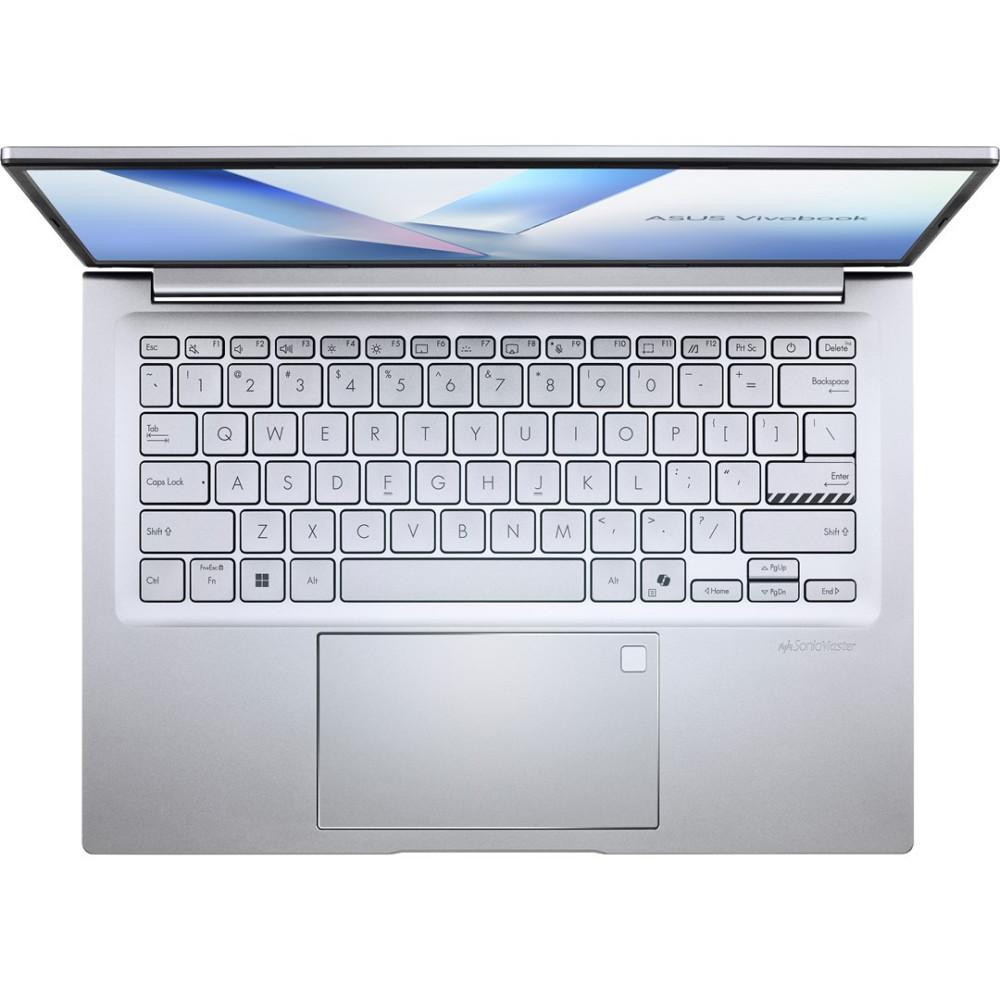 Srebrny laptop ASUS Vivobook, otwarty i widziany z góry, pokazujący klawiaturę i ekran.