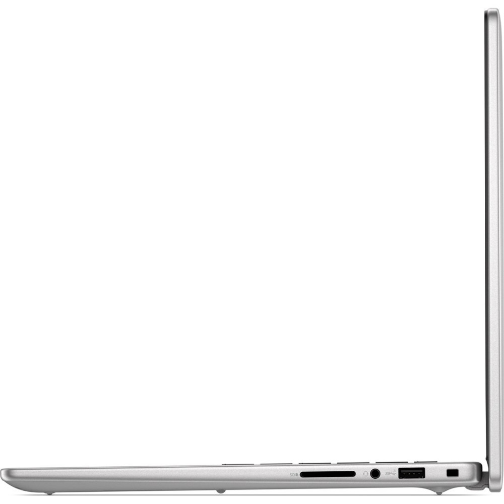 Srebrny profil laptopa z portami: czytnik kart SD, gniazdo słuchawkowe, port USB.