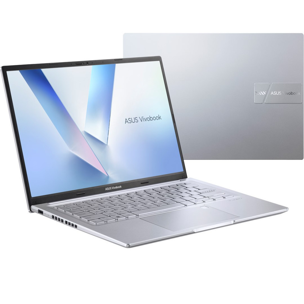 Srebrny laptop Asus Vivobook, otwarty, z widocznym ekranem i klawiaturą.