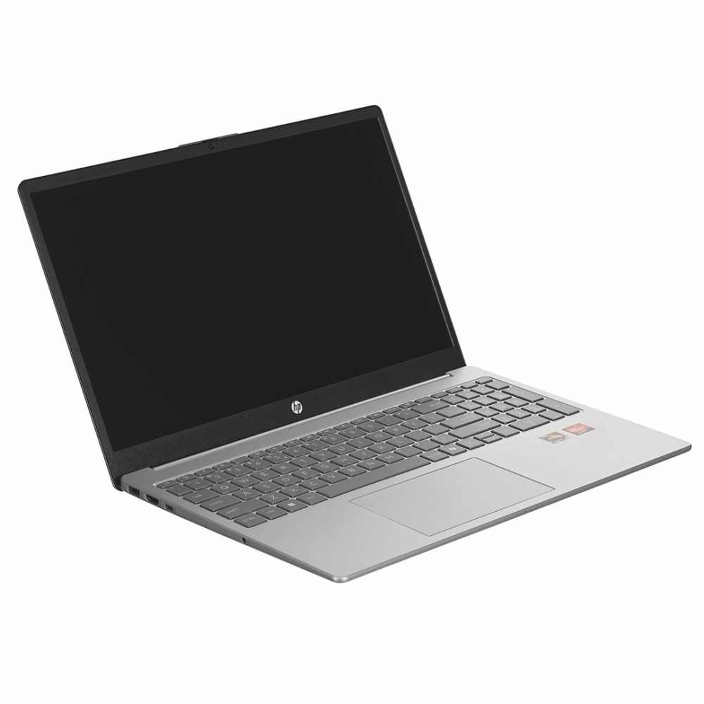Srebrny laptop HP z otwartym czarnym ekranem i widoczną klawiaturą.