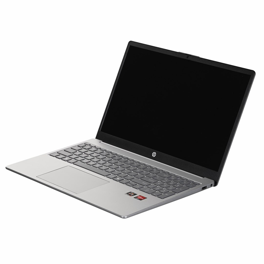 Srebrny laptop HP z zamkniętym czarnym ekranem i klawiaturą.