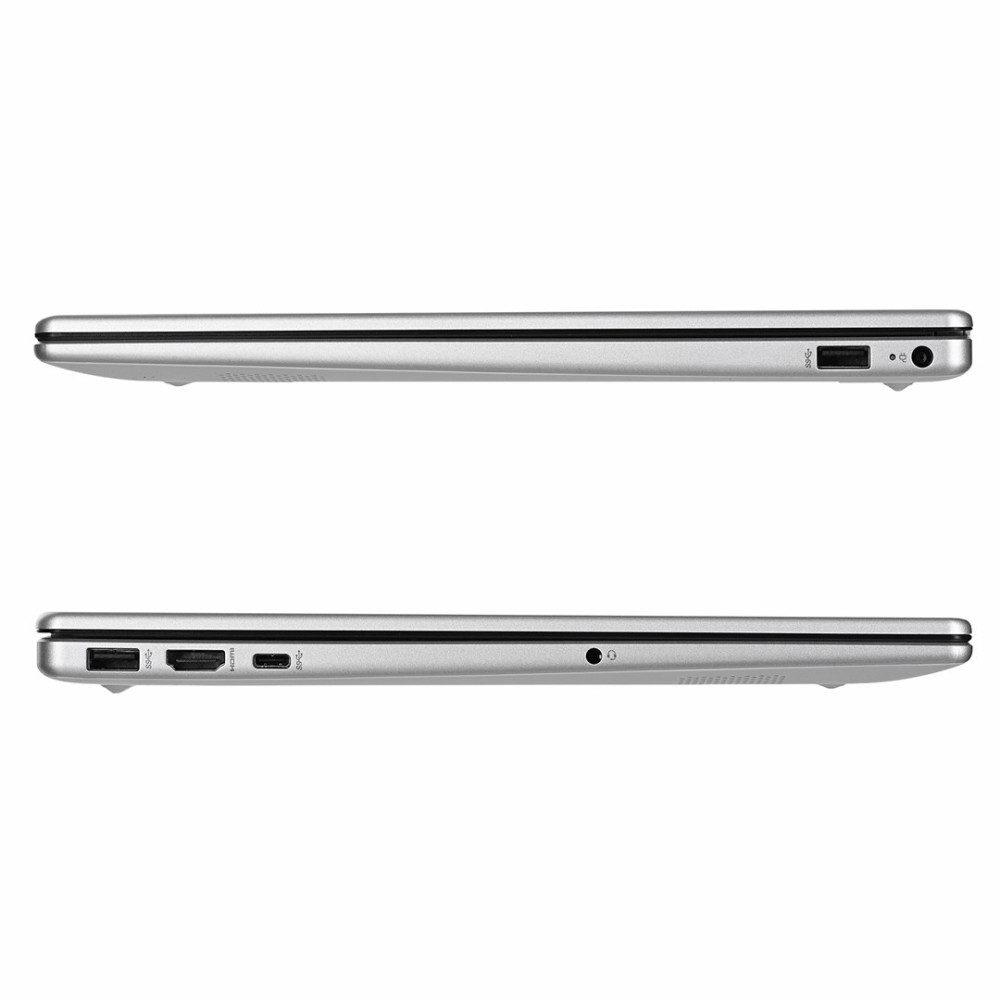 Srebrny laptop widok z boku: góra USB-C, HDMI, USB-A. Dół gniazdo słuchawkowe.