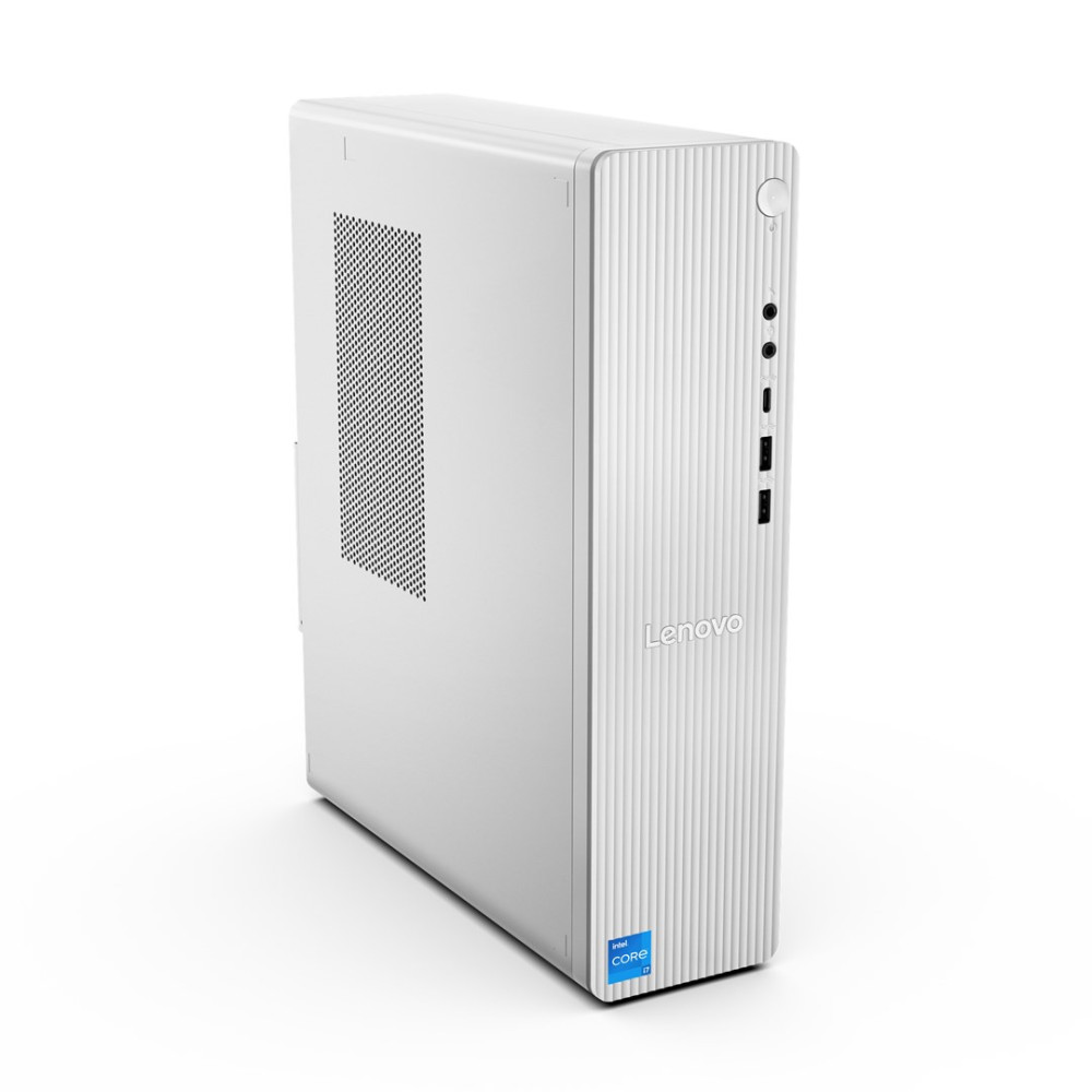 Biała wieża stacjonarna Lenovo z pionowymi liniami i naklejką Intel Core i7.