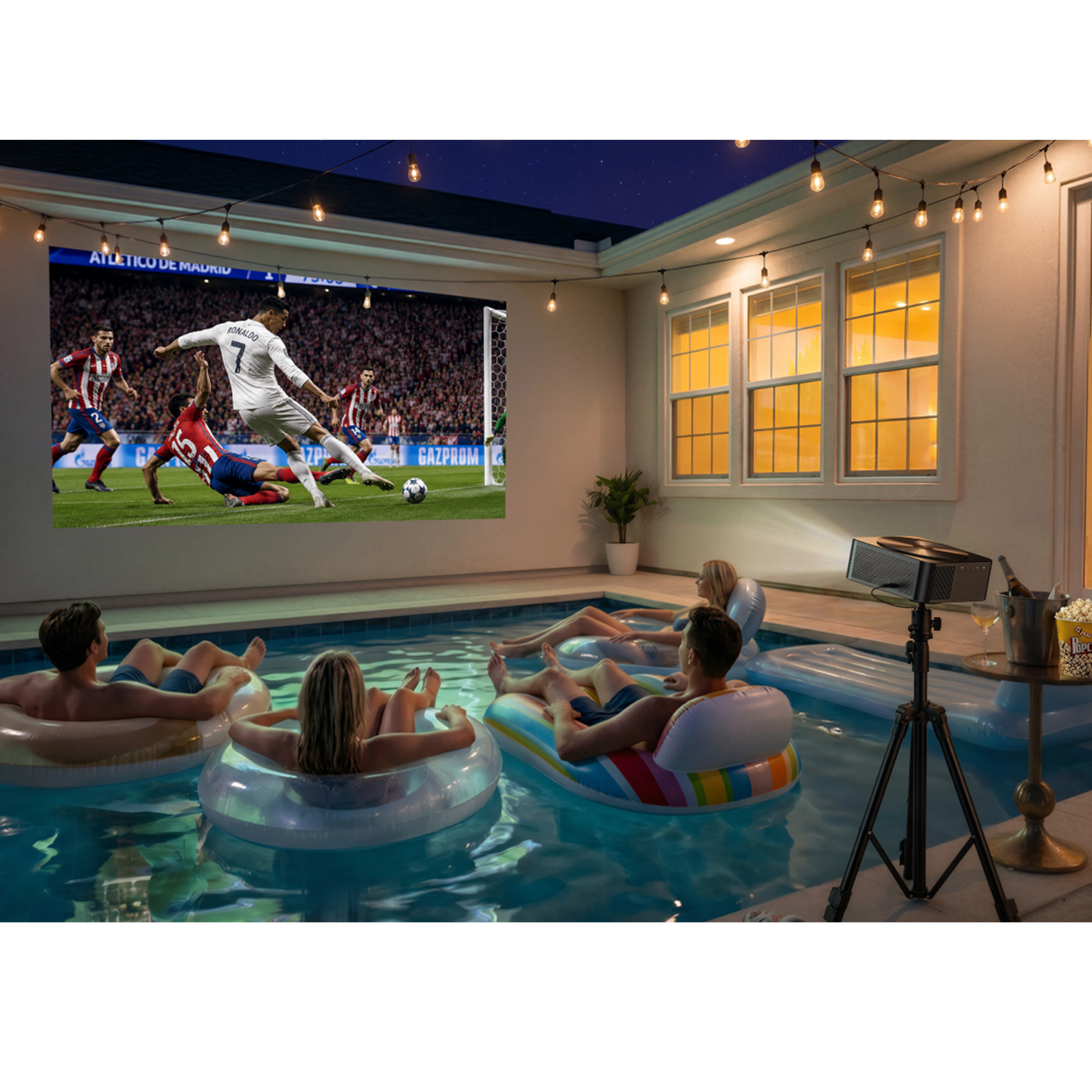 People relax in a pool watching a soccer game on a screen outdoors.