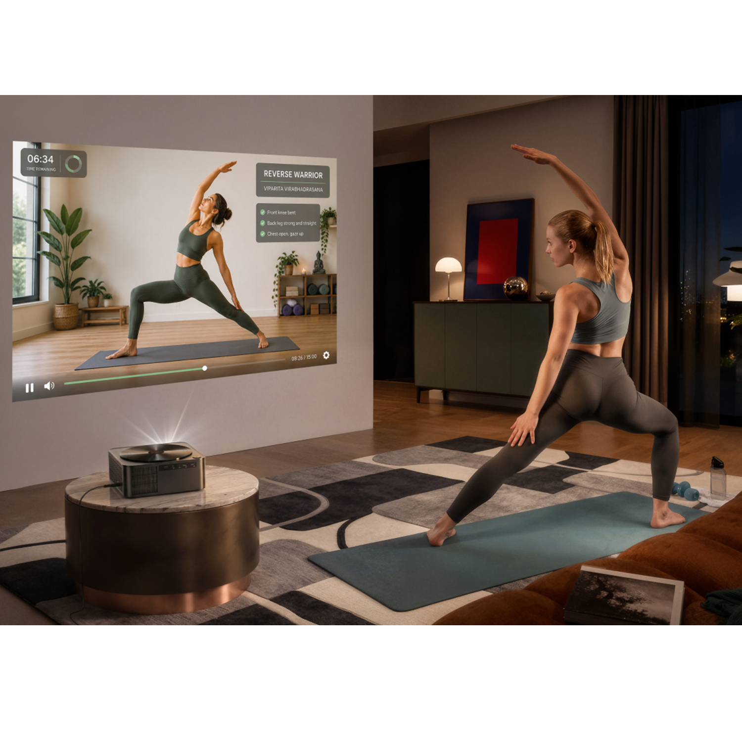 Woman practices yoga in reverse warrior pose, following a video on a projector screen.