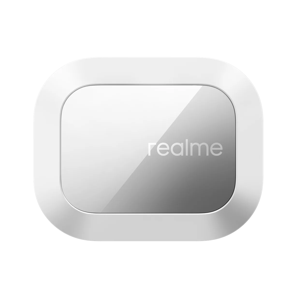 Ein weißes, rechteckiges Gerät mit abgerundeten Ecken und dem Realme-Logo.