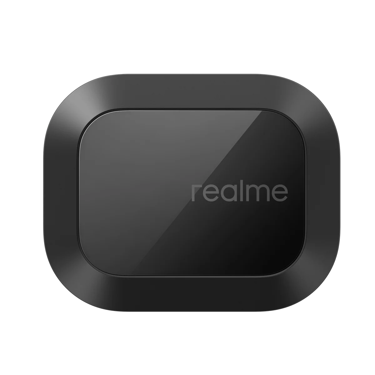 Ein schwarzer, abgerundeter Kasten mit dem Realme-Logo.