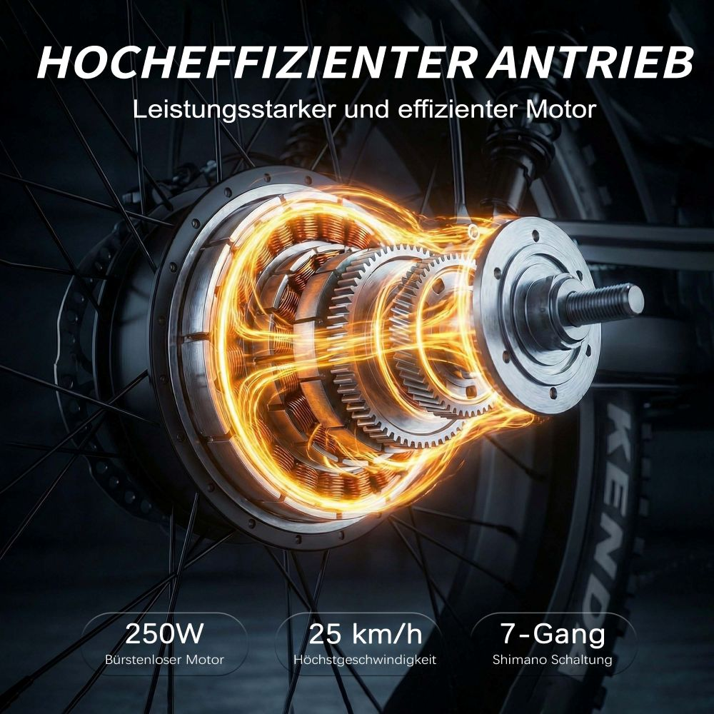 Primer plano de un motor de buje de bicicleta eléctrica con engranajes y líneas de energía.