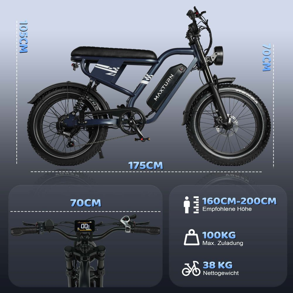 Una bicicleta eléctrica azul con medidas 175x105x70cm, carga 100kg, peso 38kg.