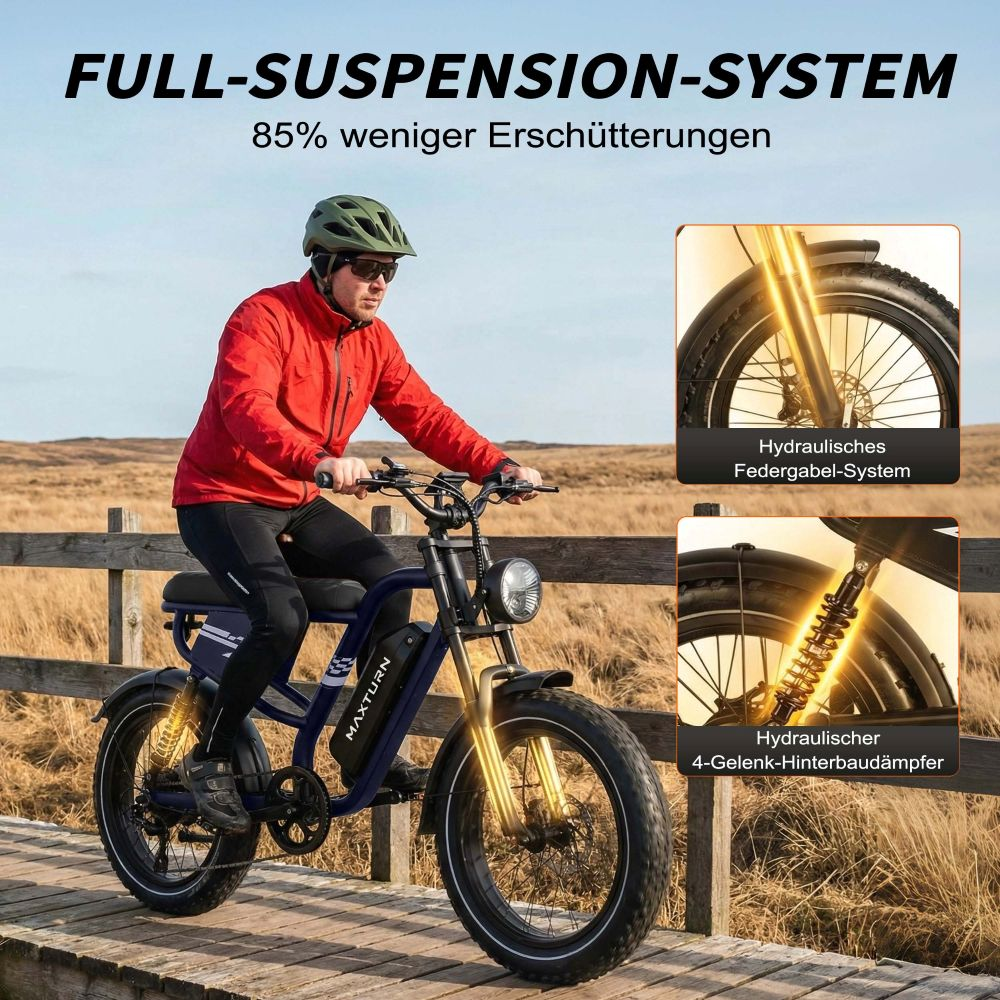 Hombre monta una e-bike azul con suspensión en camino de madera, detalles.