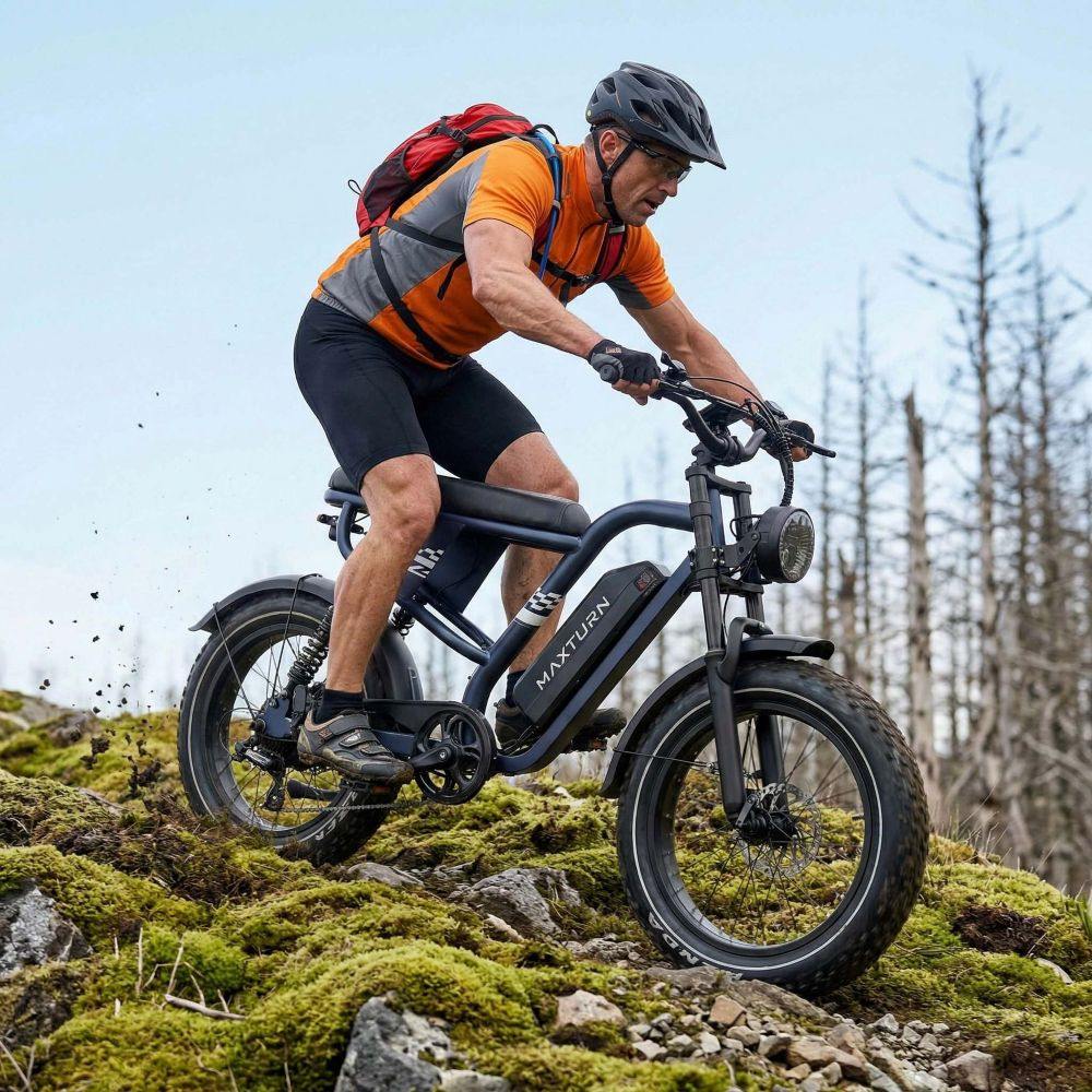 Un uomo guida una e-bike su un pendio roccioso e muschioso.