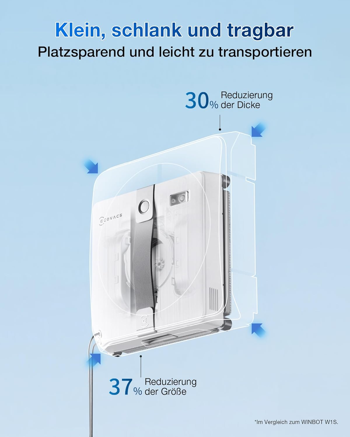 Un robot lavavetri bianco con frecce blu che indicano una riduzione del 30% e 37%.