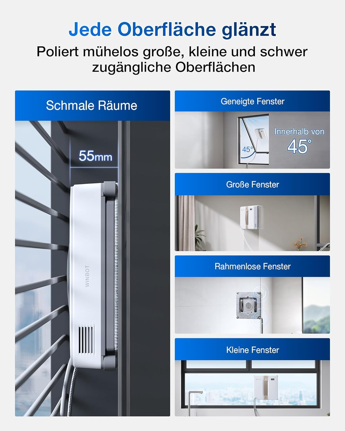 Ein Fensterreinigungsroboter wird gezeigt, der für verschiedene Fenstergrößen und -formen wirbt.