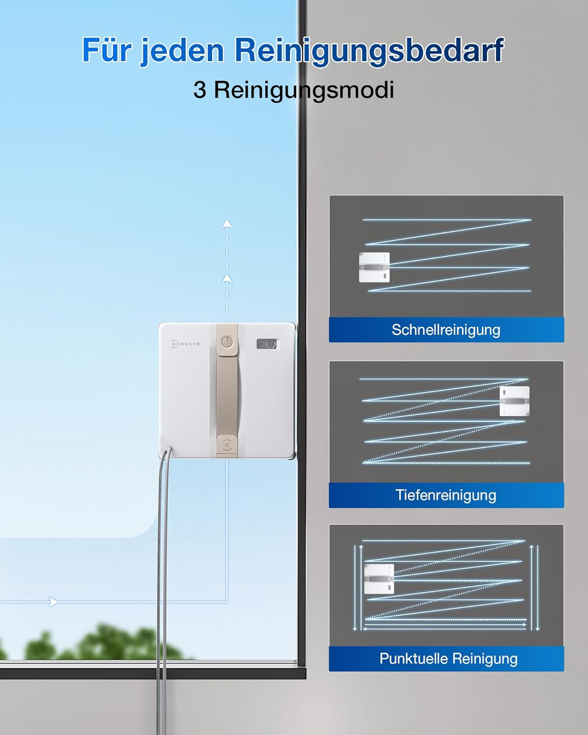 Fensterreinigungsroboter mit 3 Reinigungsmodi: Schnell, Tiefen- und Punktreinigung.