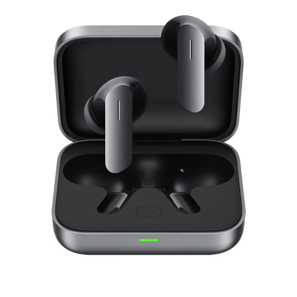 Auricolari wireless grigi in una custodia di ricarica nera con spia verde.