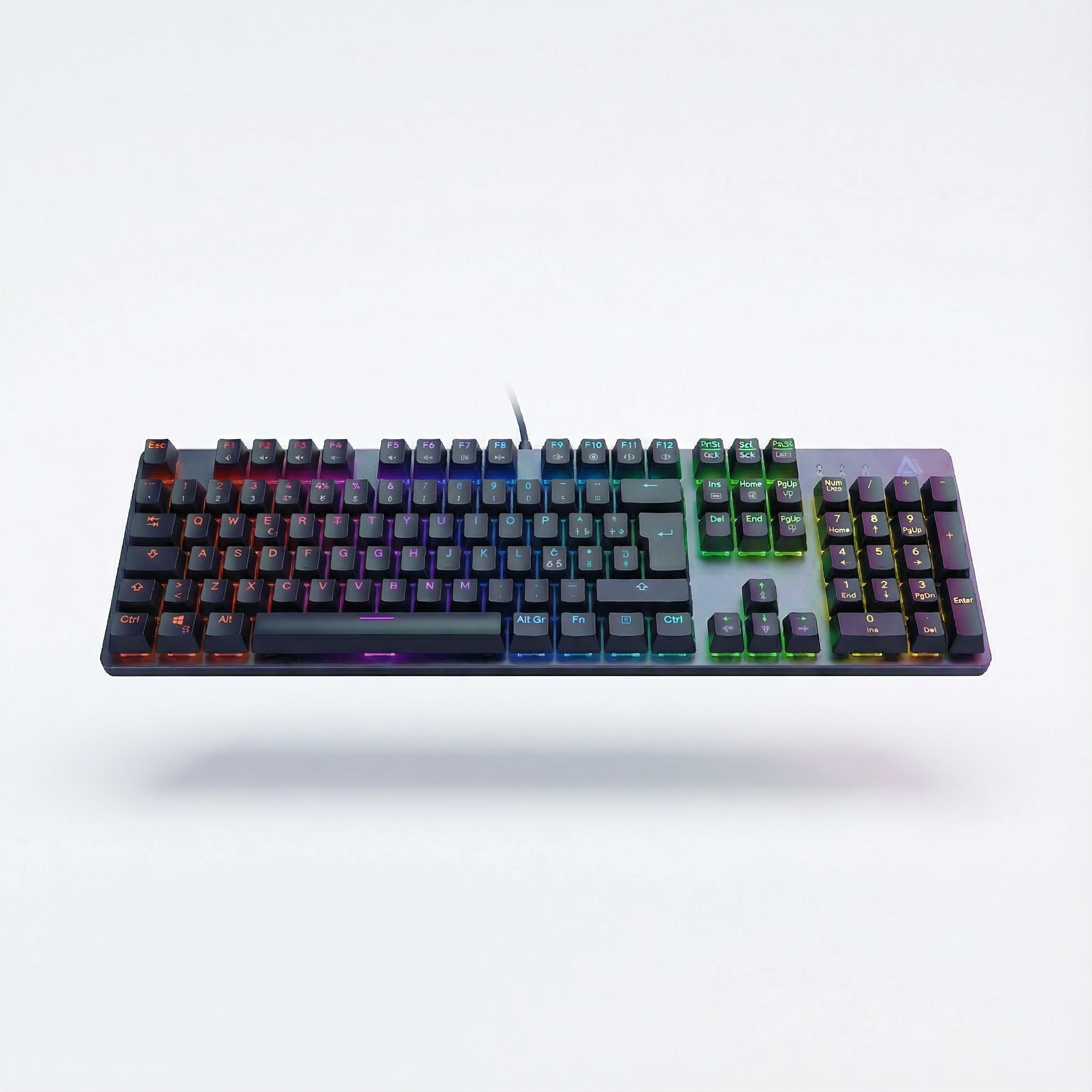 Un teclado negro con retroiluminación colorida sobre fondo blanco.