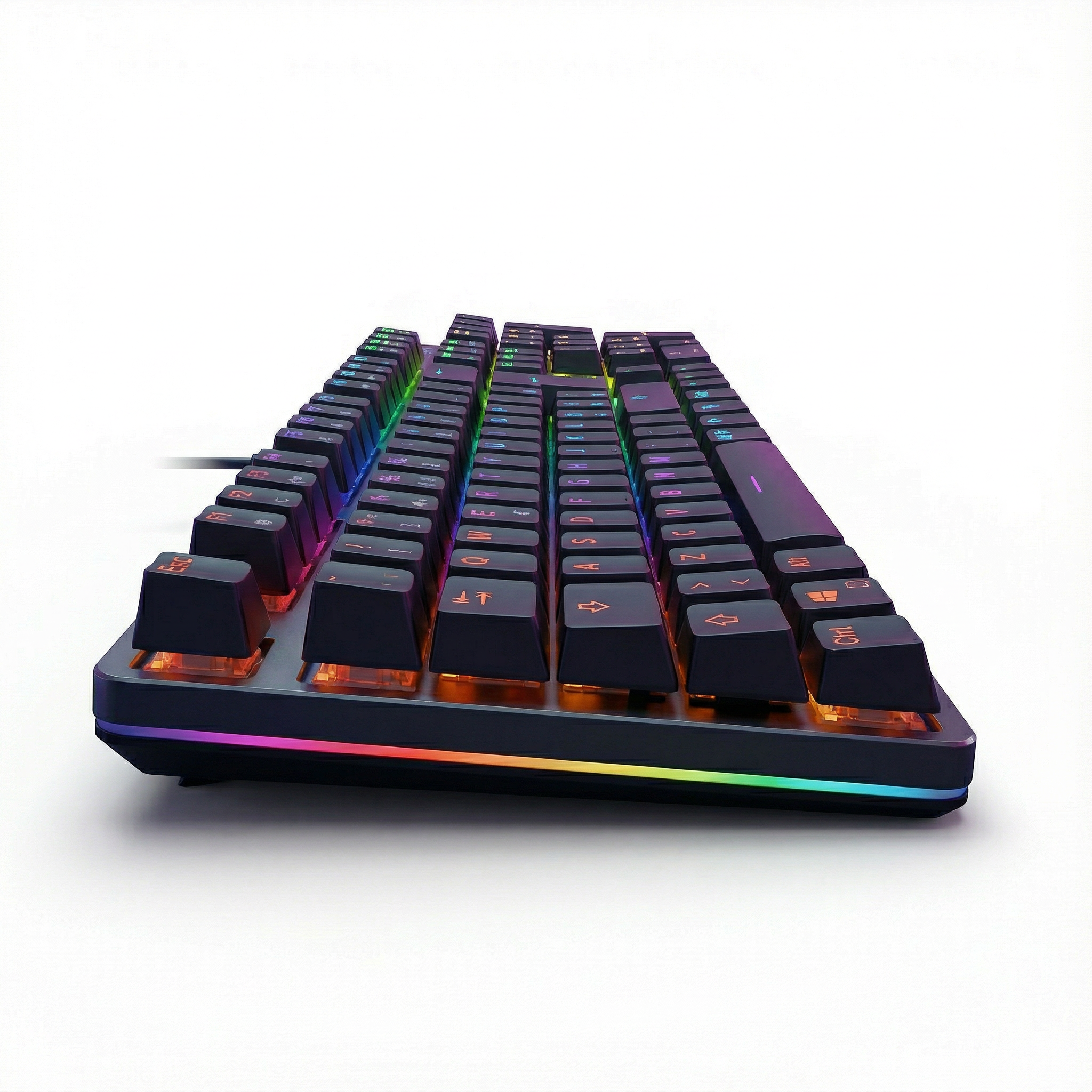 Teclado mecánico negro con iluminación RGB sobre fondo blanco.