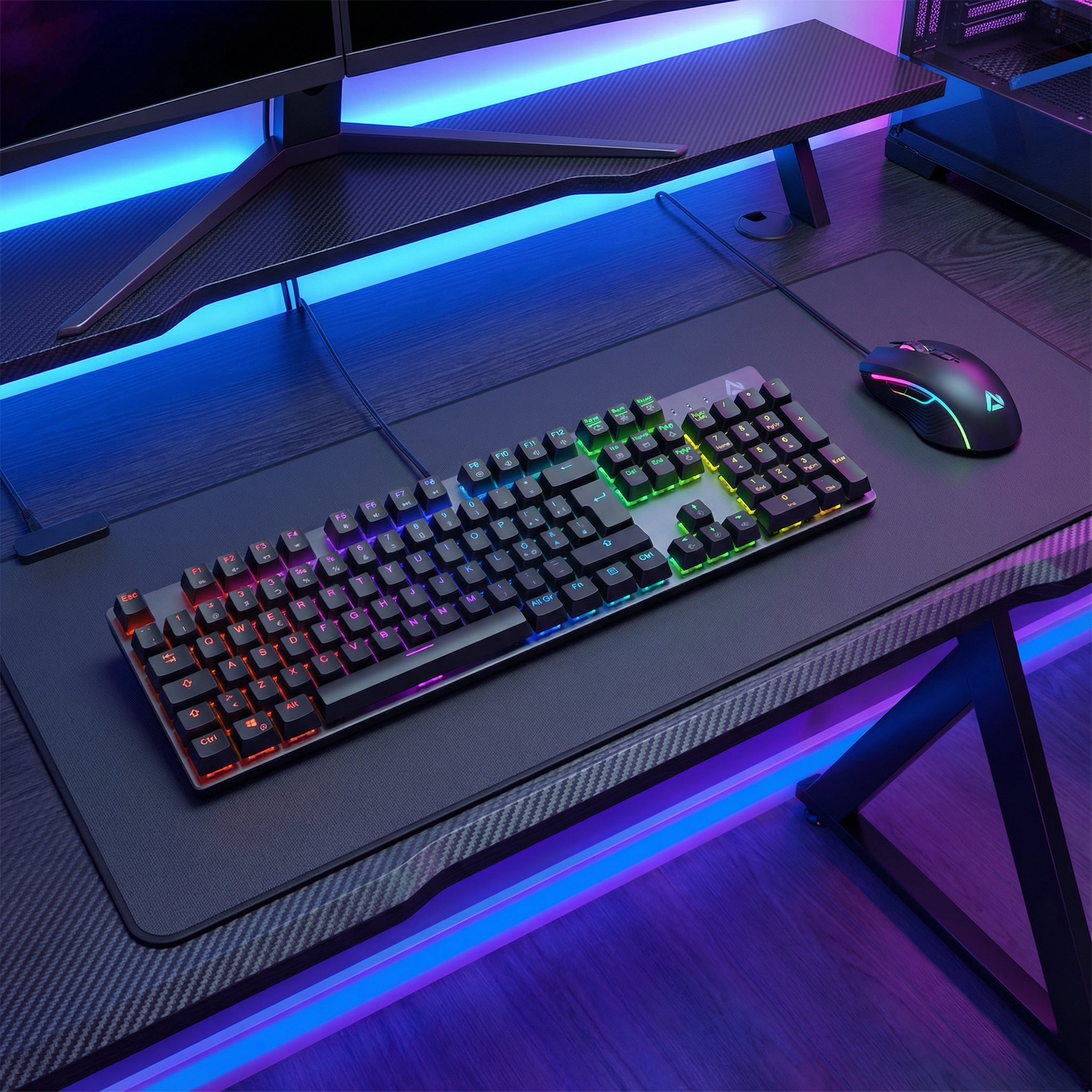 Un teclado y un ratón con iluminación RGB sobre un escritorio con luces azules y moradas.