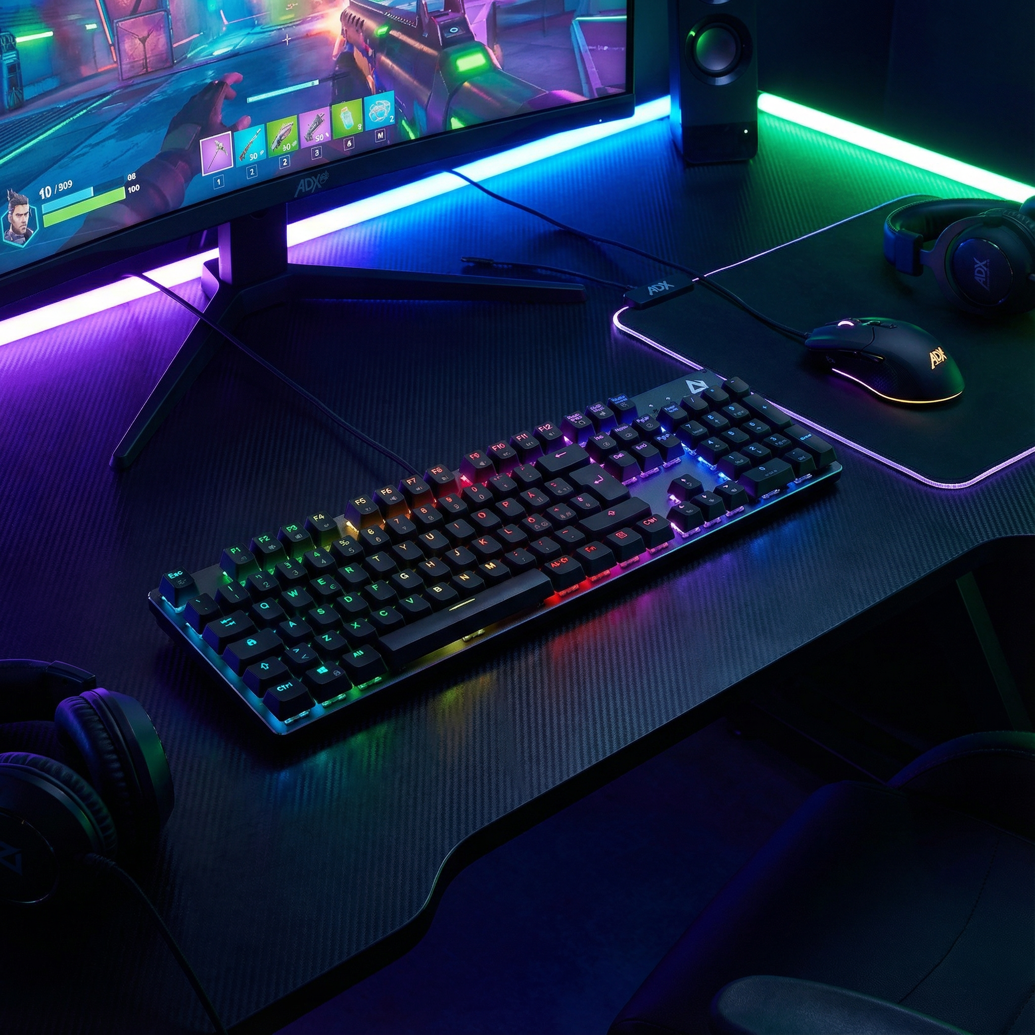Configuración de juego con teclado RGB, ratón, auriculares y monitor mostrando un juego.