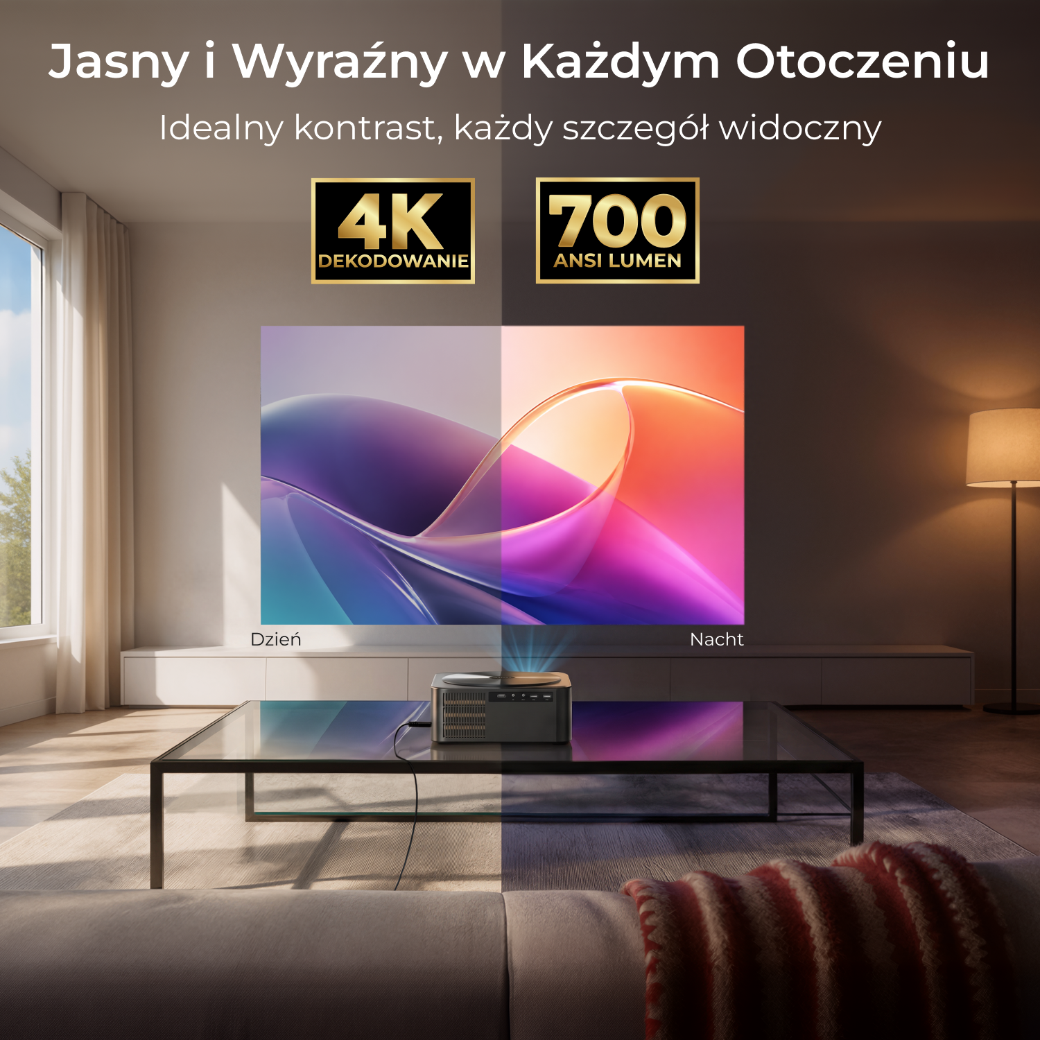 Projektor z dekodowaniem 4K i 700 lumenów ANSI w jasnym i ciemnym pomieszczeniu.
