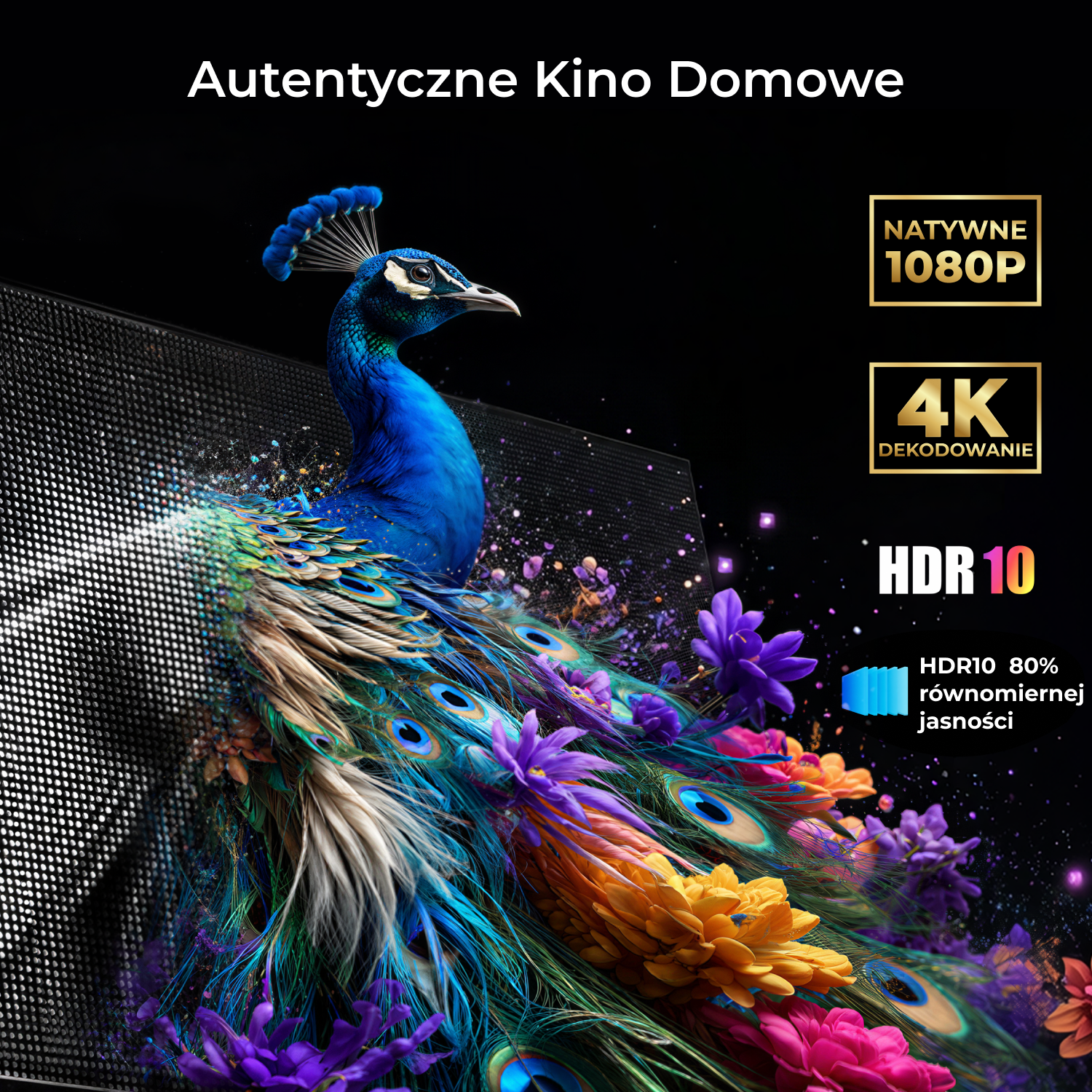 Paw z kolorowymi piórami przed ciemnym ekranem, z tekstem o 1080P, 4K, HDR10.