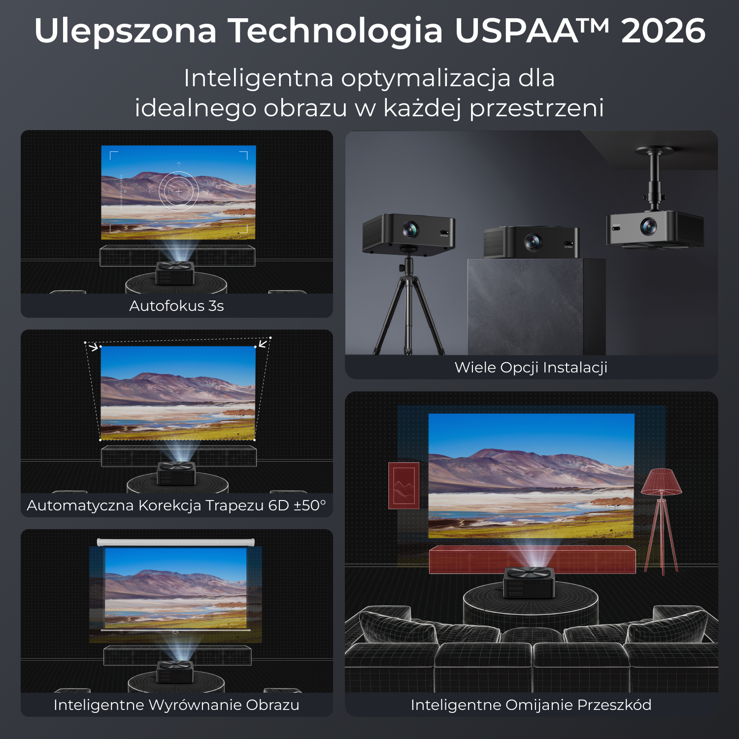 Prezentacja funkcji projektora: autofokus, korekcja trapezoidalna, opcje instalacji i unikanie przeszkód.