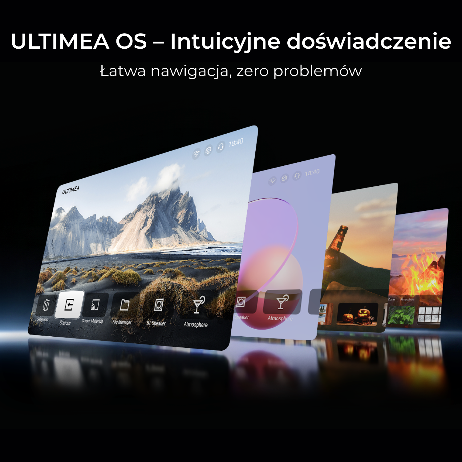 Wiele ekranów wyświetla ikony aplikacji i obrazy, w tym góry, fioletowy gradient i ognisko.