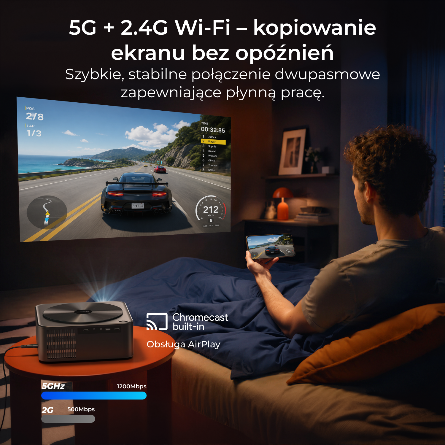 Mężczyzna w łóżku ogląda grę wyścigową na telefonie, projektor wyświetla obraz na ścianie.