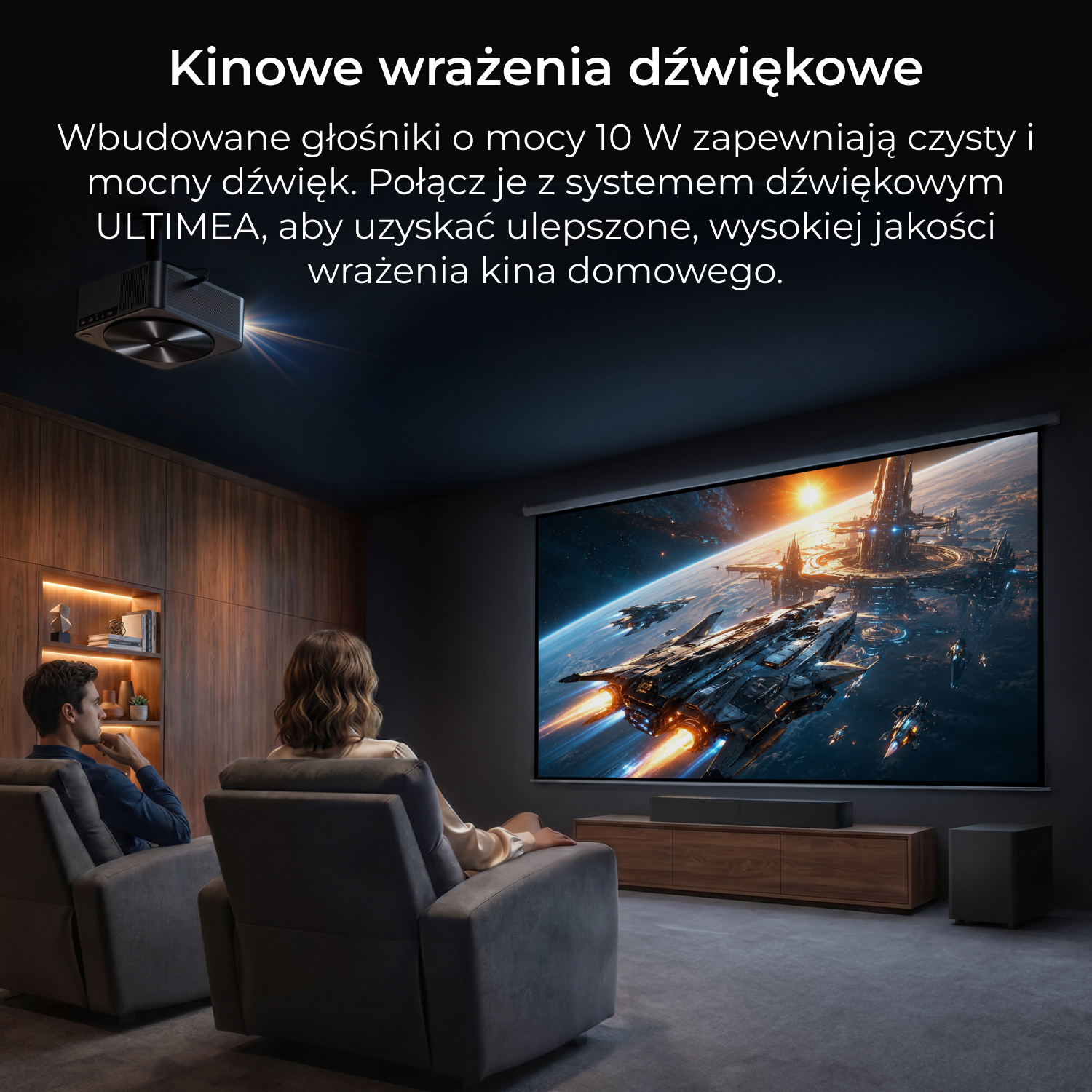 Mężczyzna i kobieta siedzą w fotelach, oglądając film o statkach kosmicznych.