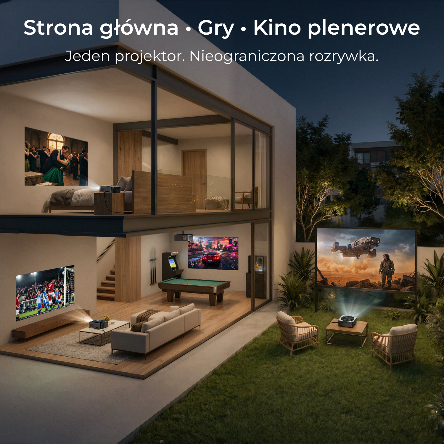 Dom z wieloma projektorami wyświetlającymi filmy i gry wewnątrz i na zewnątrz.