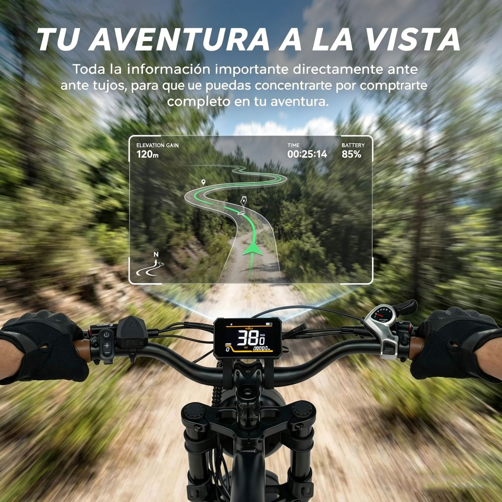 Manillar de bicicleta con HUD mostrando ruta, altitud, tiempo y batería.