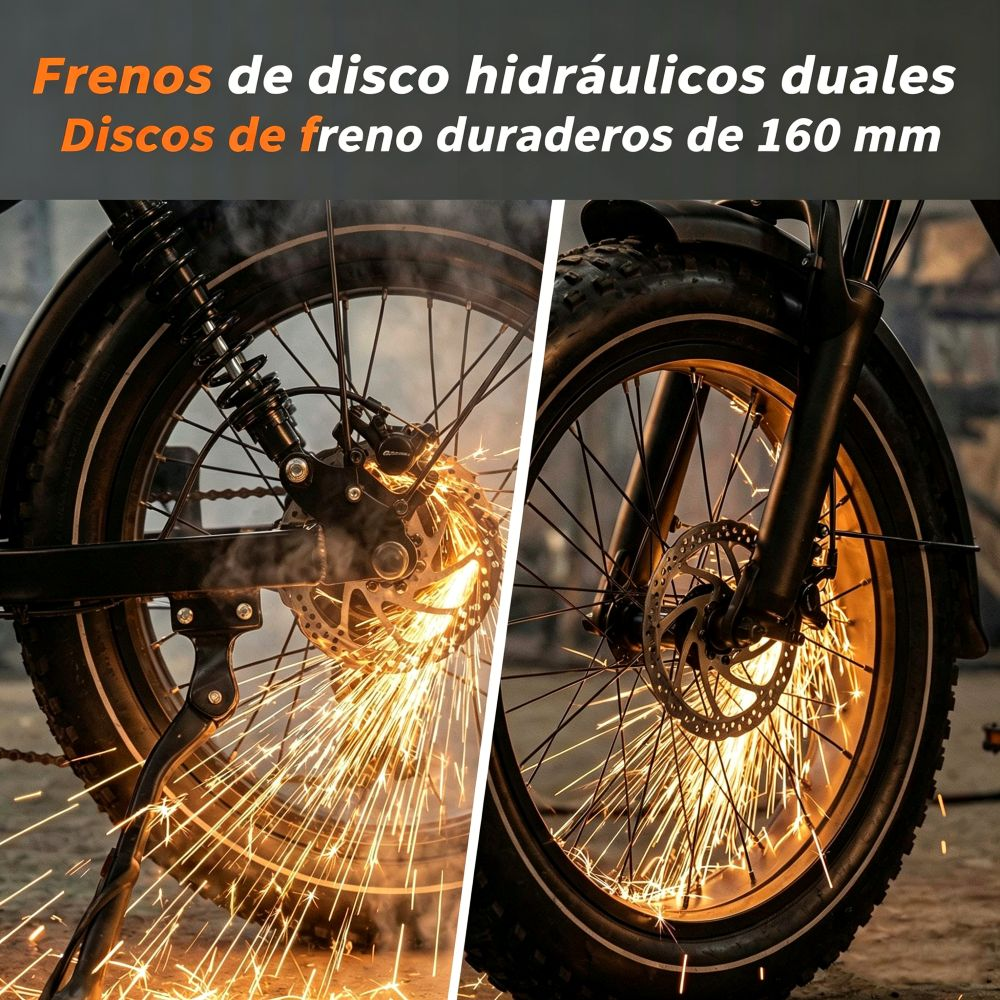 Primer plano de frenos de disco de bicicleta con chispas. Frenos de disco hidráulicos duales.