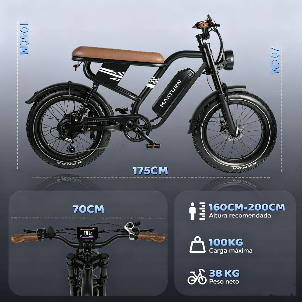 Bicicleta eléctrica negra con asiento marrón, 175cm largo, 105cm alto.