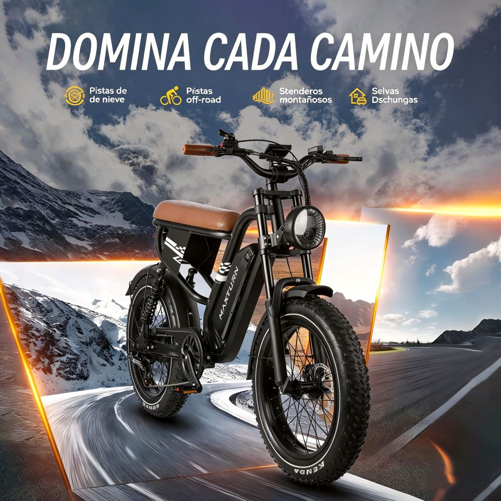 Bicicleta eléctrica negra con asiento marrón en carretera con fondo de montaña.