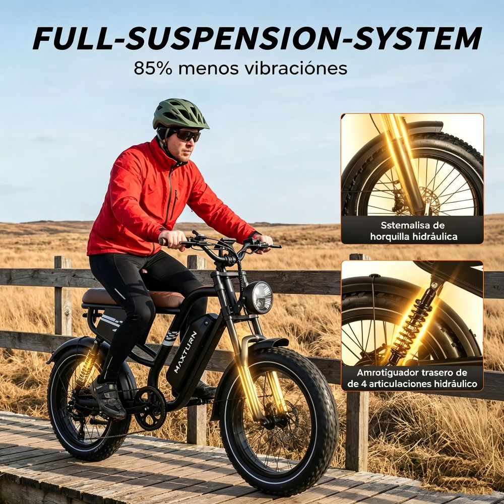 Hombre en e-bike full-suspension en pasarela de madera. Primeros planos de horquilla y amortiguador.