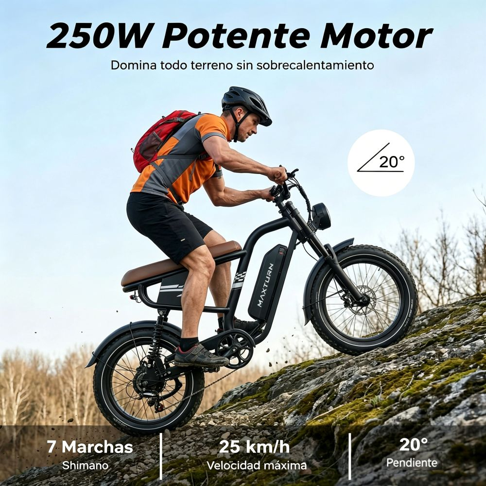 Un hombre monta una e-bike negra con mochila roja cuesta arriba en terreno rocoso.