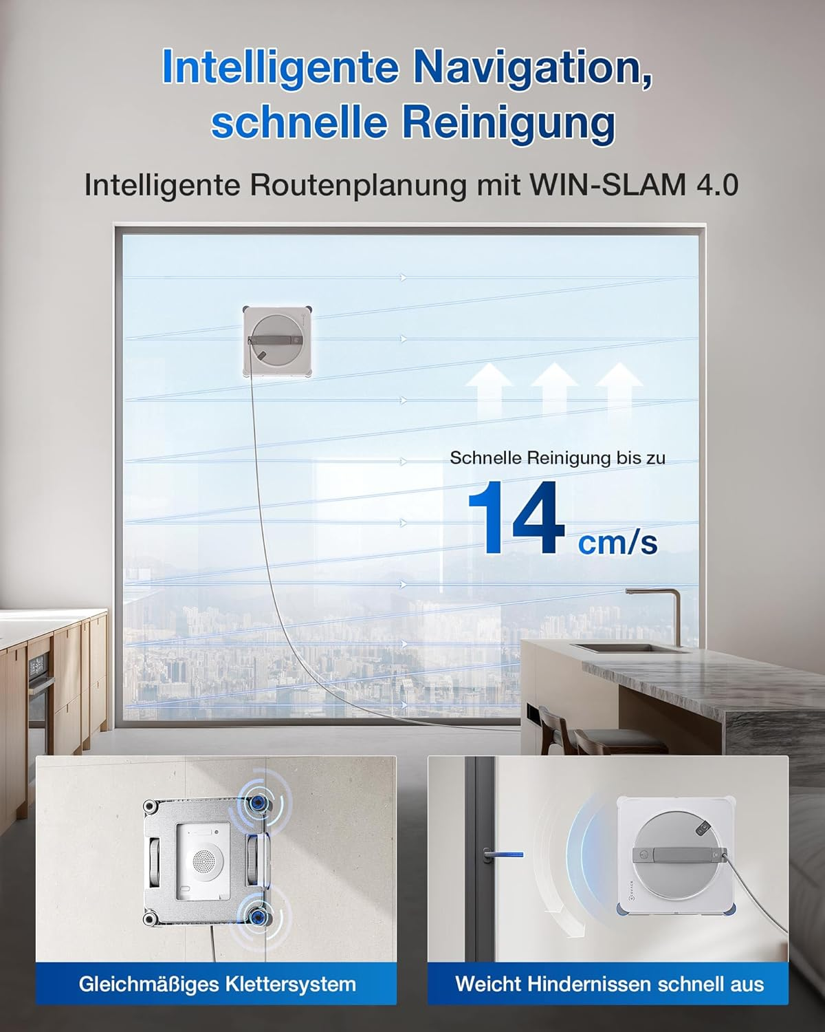 Fensterreinigungsroboter mit intelligenter Navigation und schneller Reinigung bis zu 14 cm/s.