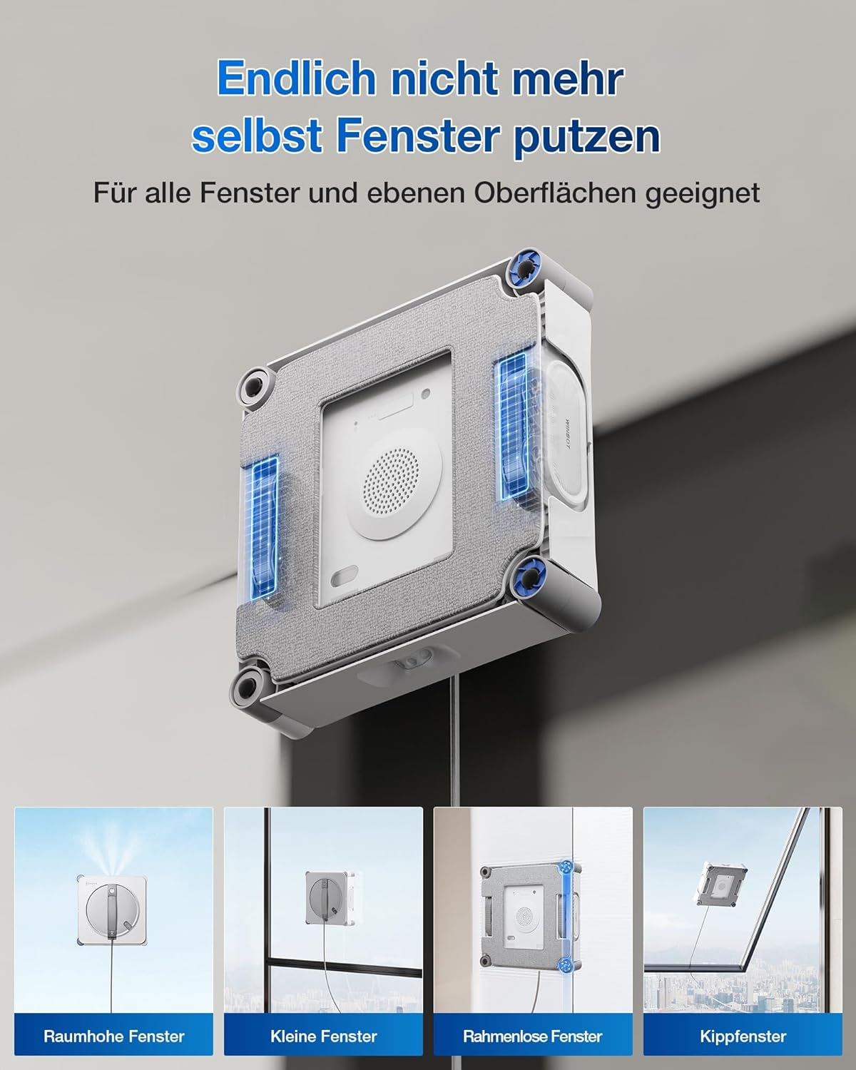 Ein weißer Fensterreinigungsroboter mit blauen Akzenten auf einem Fenster.